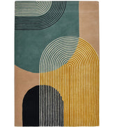 Geometric patterned rug with abstract shapes in green, brown, yellow, and black in hand tufted rug.